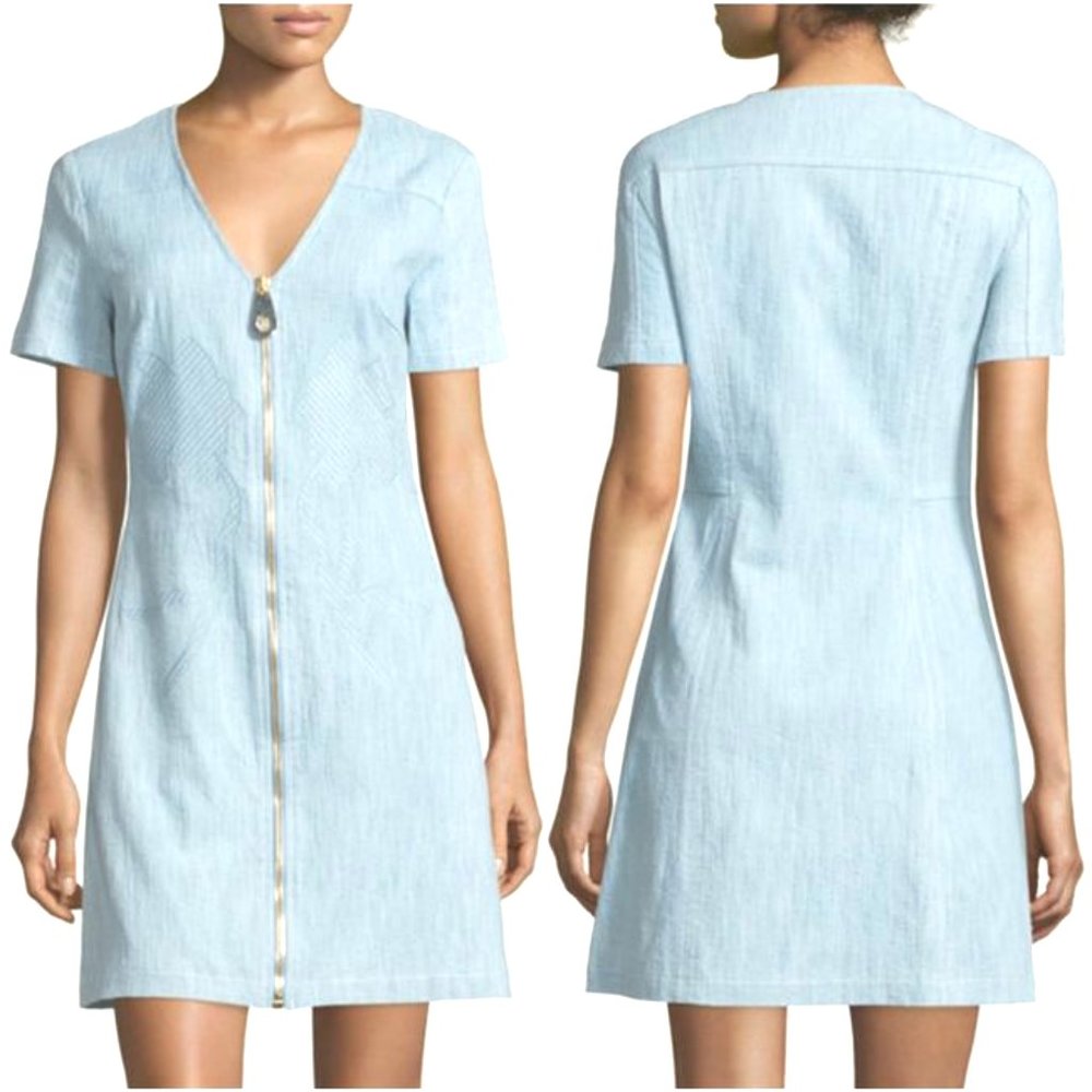 Tanya Taylor Blue Madeline Zip Front  Shift Dress